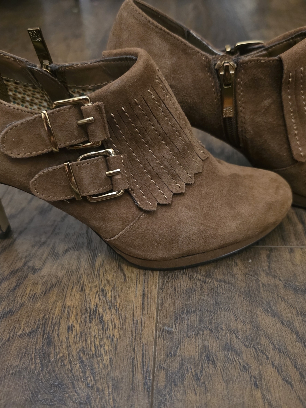 Anne Klein Brown Suede Fringe Buckle Ankle Booties